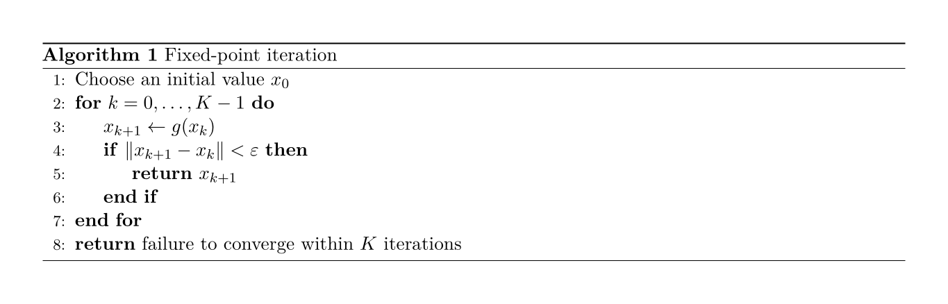 A numbered fixed-point algorithm with indented loop and condition blocks, a stopping test, and a failure return.