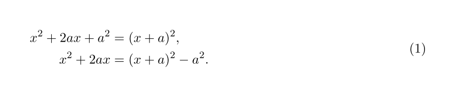 A two-line completing-the-square derivation aligned at equals signs and carrying one equation number.