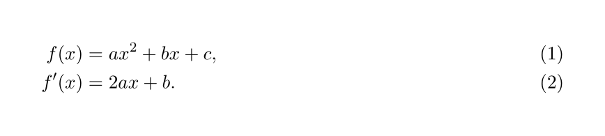 A quadratic function and its derivative aligned at equals signs with a separate number for each row.