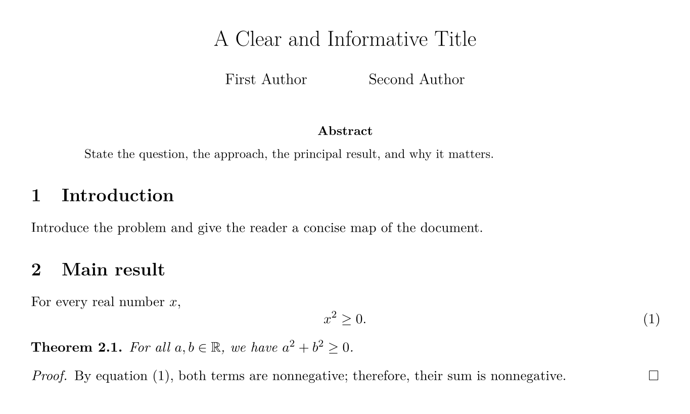 Compiled article with a title, abstract, numbered sections, an equation, a theorem, and a proof.