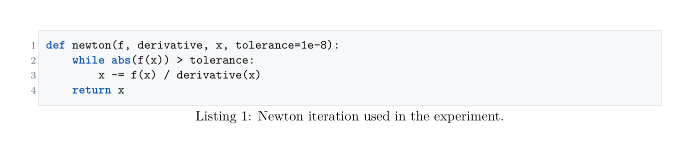 A framed Python listing with syntax colors, preserved indentation, line numbers, and a caption.