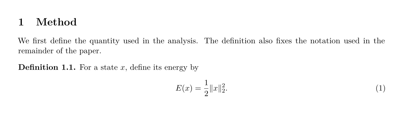 Compiled method section with two sentences, a numbered definition, and an energy equation.